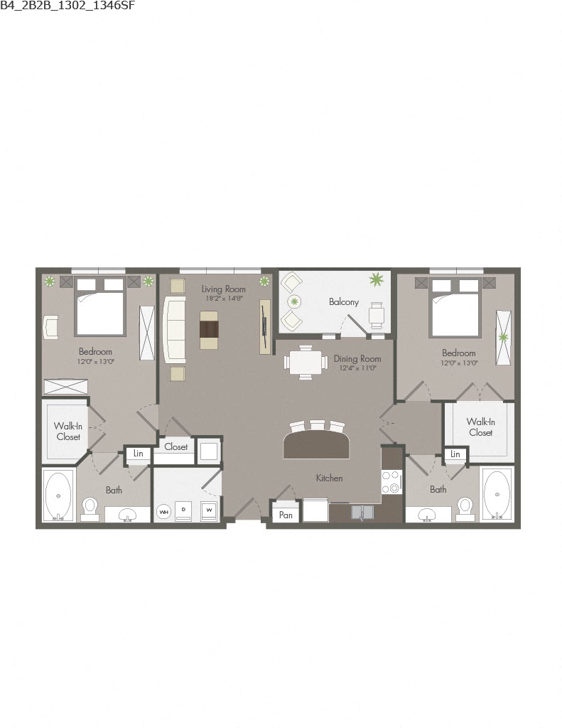 Floor plan for 2 beds, 2 baths, 1256 sqft